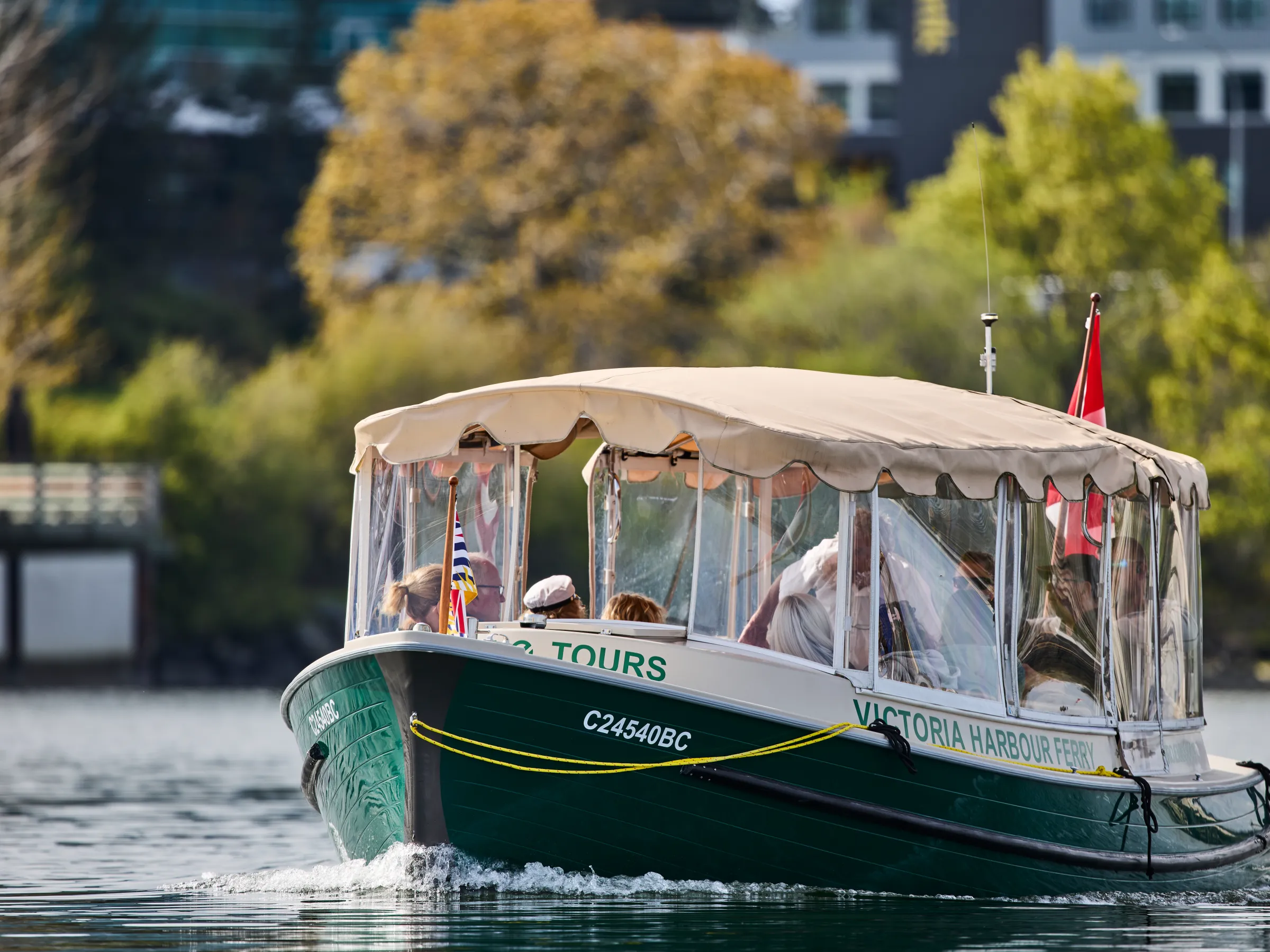 Tour boat with canopy on calm water, surrounded by lush greenery.