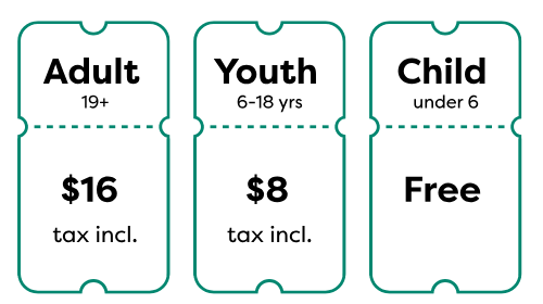Pricing tickets for adults $16, youth $8, children free; age categories listed.