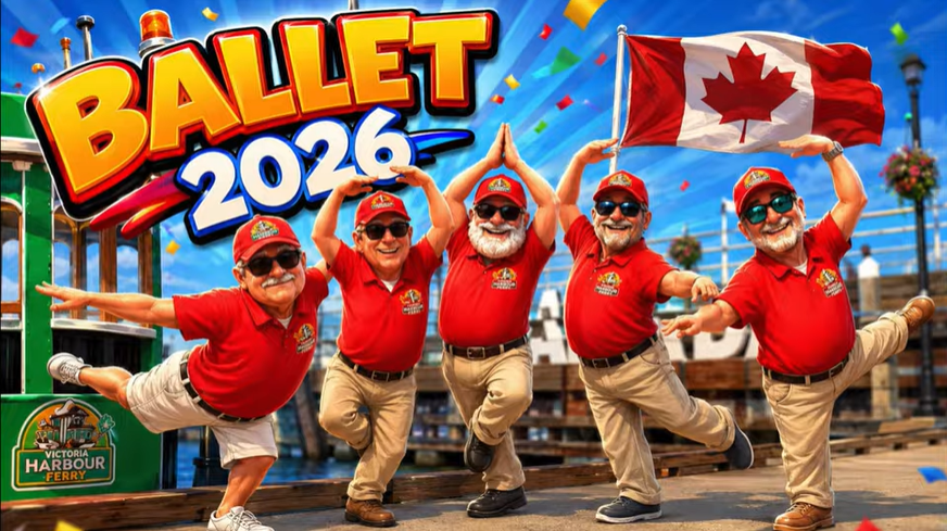 Victoria Harbour Ferry Captains pose with a Canadian flag under 'Ballet 2026' text. Cartoon characters edition